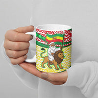 Ethiopia Christmas Ceramic Mug with Santa Riding Lion Ethiopian Flag Colors and Tribal Pattern Design - Wonder Print Shop
