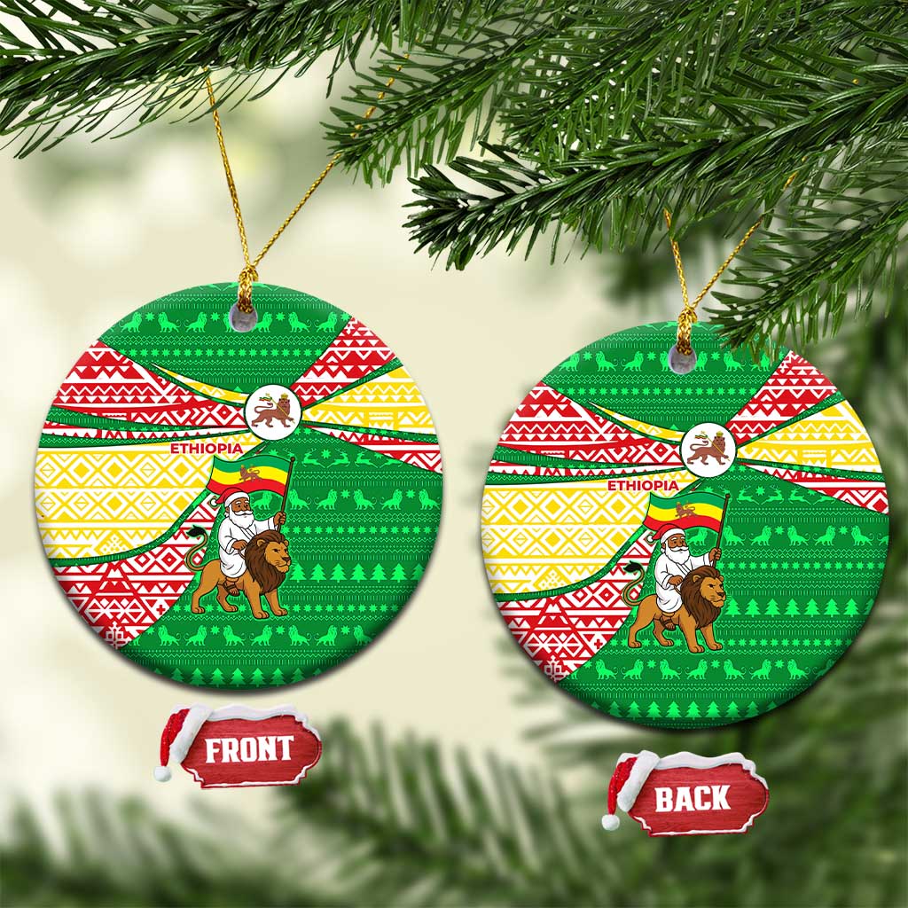Ethiopia Christmas Ceramic Ornament with Santa Riding Lion Ethiopian Flag Colors and Tribal Pattern Design - Wonder Print Shop