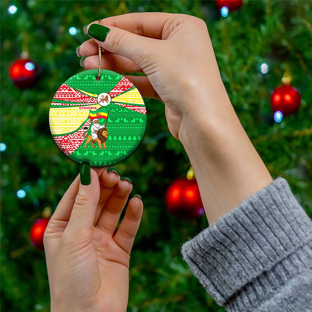 Ethiopia Christmas Ceramic Ornament with Santa Riding Lion Ethiopian Flag Colors and Tribal Pattern Design - Wonder Print Shop
