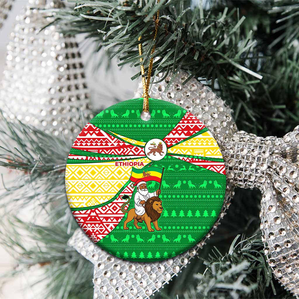 Ethiopia Christmas Ceramic Ornament with Santa Riding Lion Ethiopian Flag Colors and Tribal Pattern Design - Wonder Print Shop