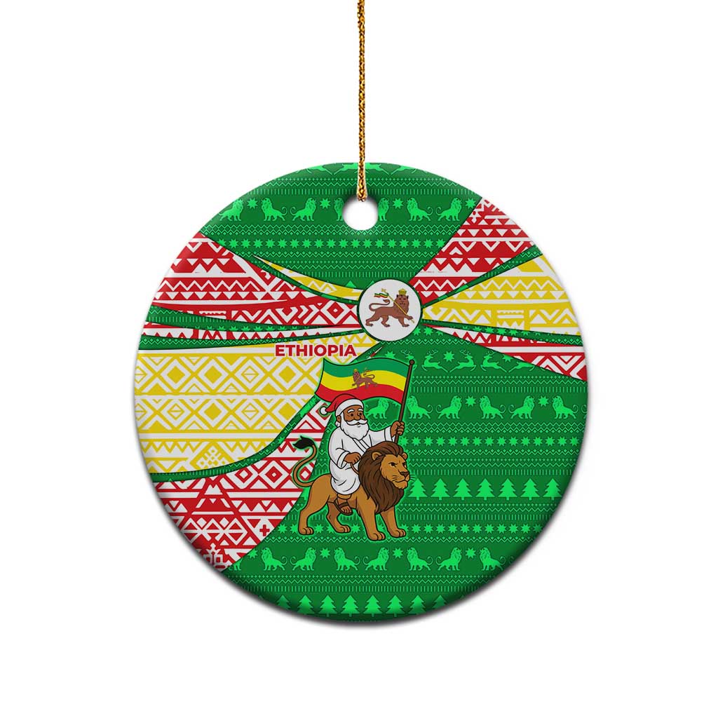 Ethiopia Christmas Ceramic Ornament with Santa Riding Lion Ethiopian Flag Colors and Tribal Pattern Design - Wonder Print Shop