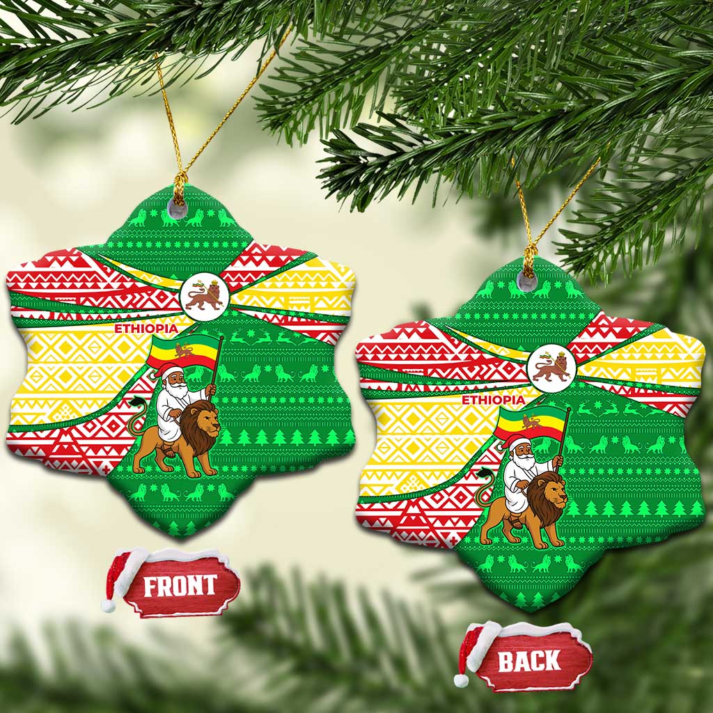Ethiopia Christmas Ceramic Ornament with Santa Riding Lion Ethiopian Flag Colors and Tribal Pattern Design - Wonder Print Shop