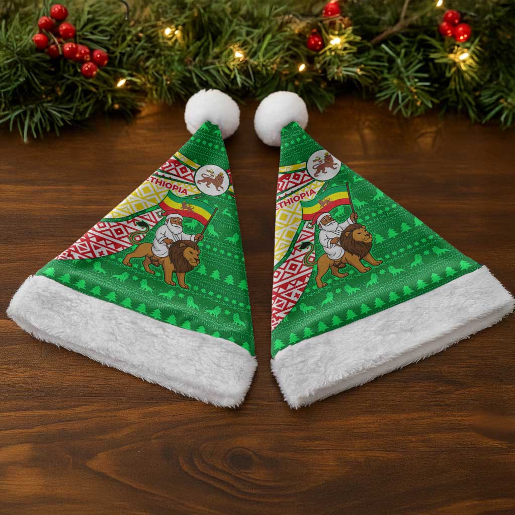 Ethiopia Christmas Santa Hat with Santa Riding Lion Ethiopian Flag Colors and Tribal Pattern Design - Wonder Print Shop