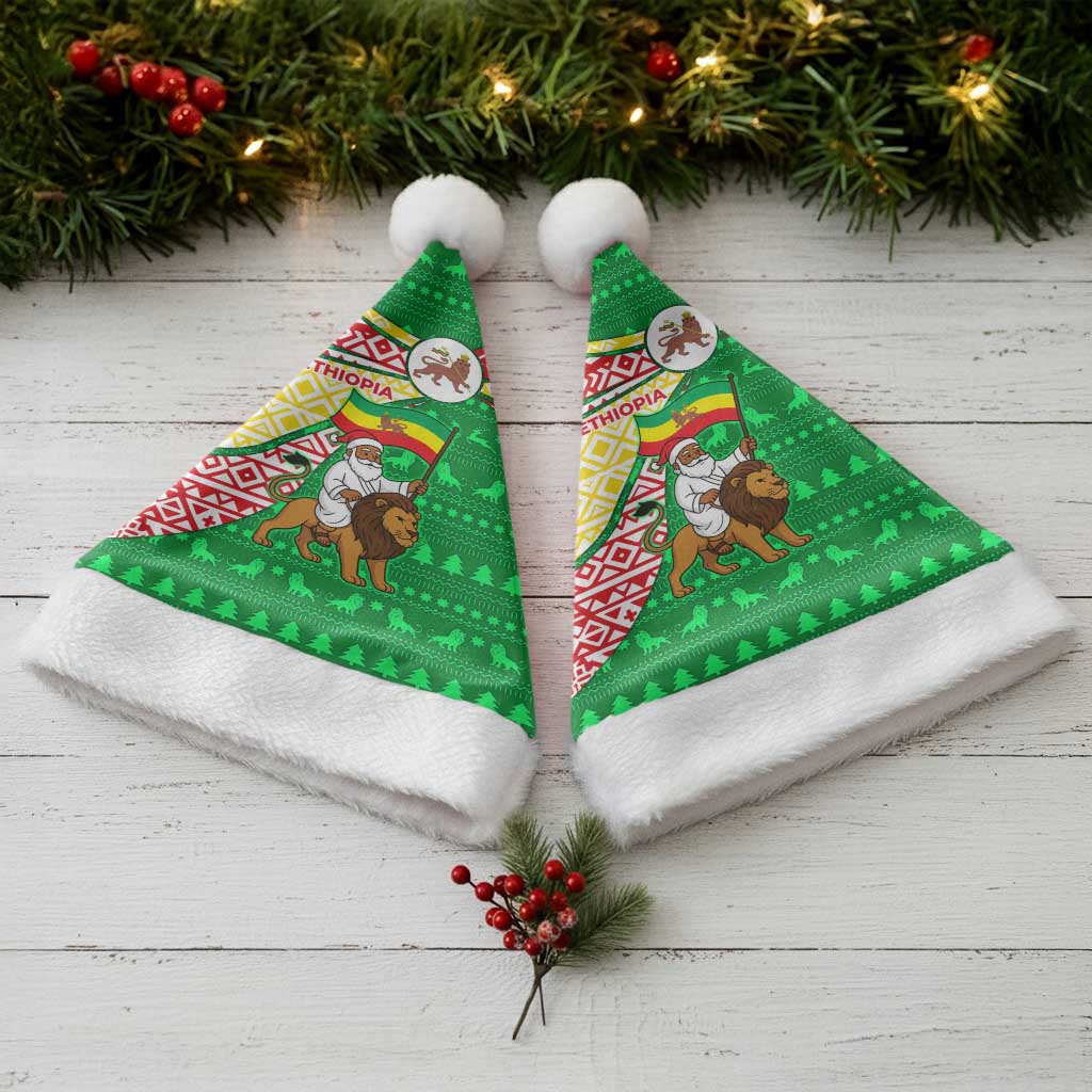 Ethiopia Christmas Santa Hat with Santa Riding Lion Ethiopian Flag Colors and Tribal Pattern Design - Wonder Print Shop