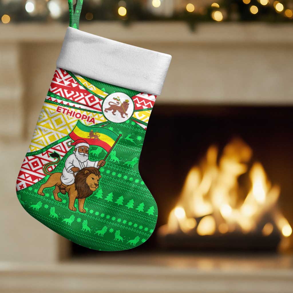 Ethiopia Christmas Stocking with Santa Riding Lion Ethiopian Flag Colors and Tribal Pattern Design - Wonder Print Shop