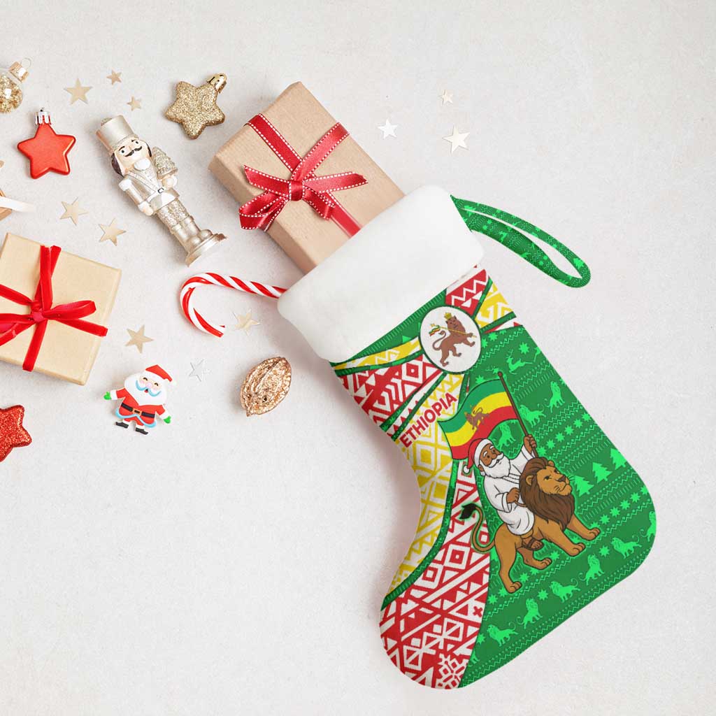 Ethiopia Christmas Stocking with Santa Riding Lion Ethiopian Flag Colors and Tribal Pattern Design - Wonder Print Shop