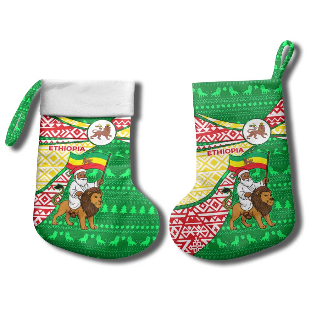 Ethiopia Christmas Stocking with Santa Riding Lion Ethiopian Flag Colors and Tribal Pattern Design - Wonder Print Shop