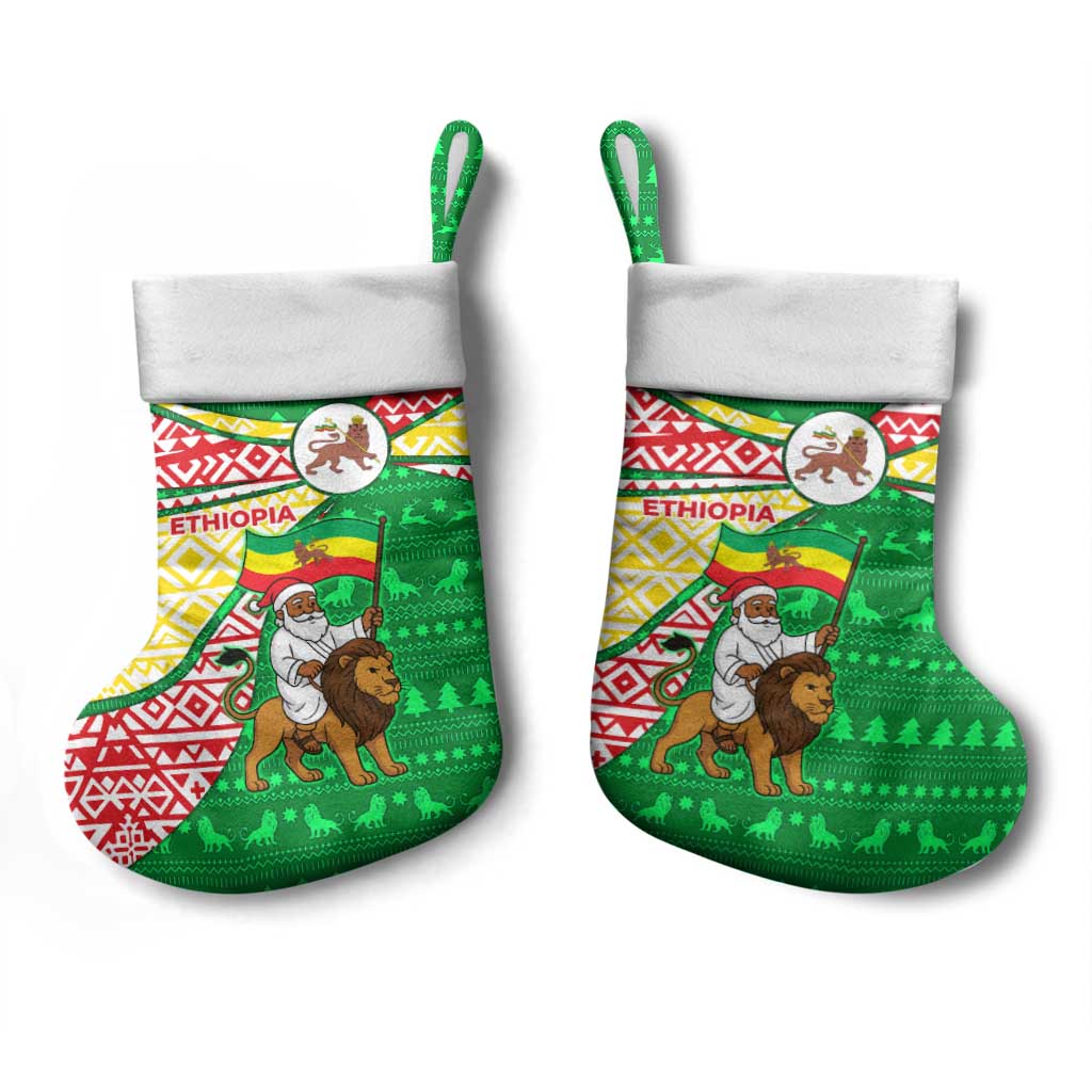 Ethiopia Christmas Stocking with Santa Riding Lion Ethiopian Flag Colors and Tribal Pattern Design - Wonder Print Shop