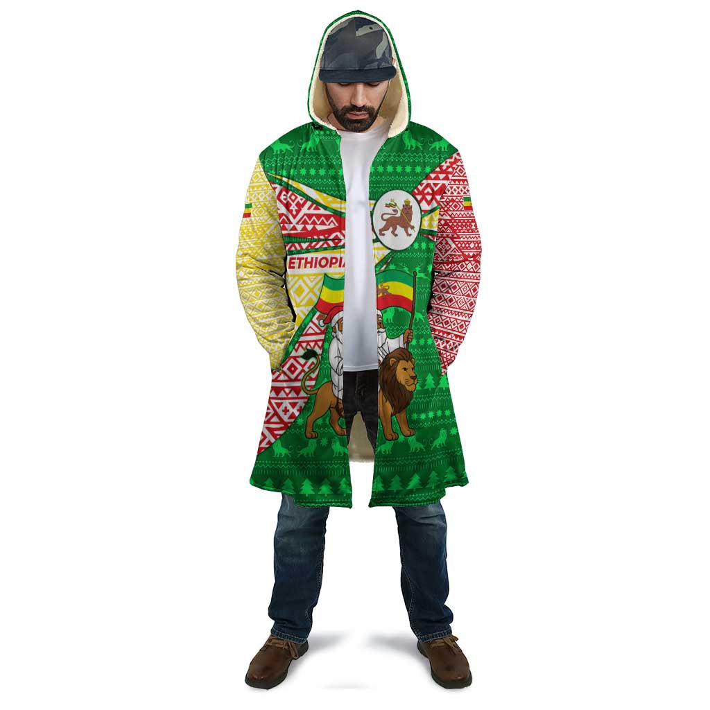 Ethiopia Christmas Cloak with Santa Riding Lion Ethiopian Flag Colors and Tribal Pattern Design - Wonder Print Shop