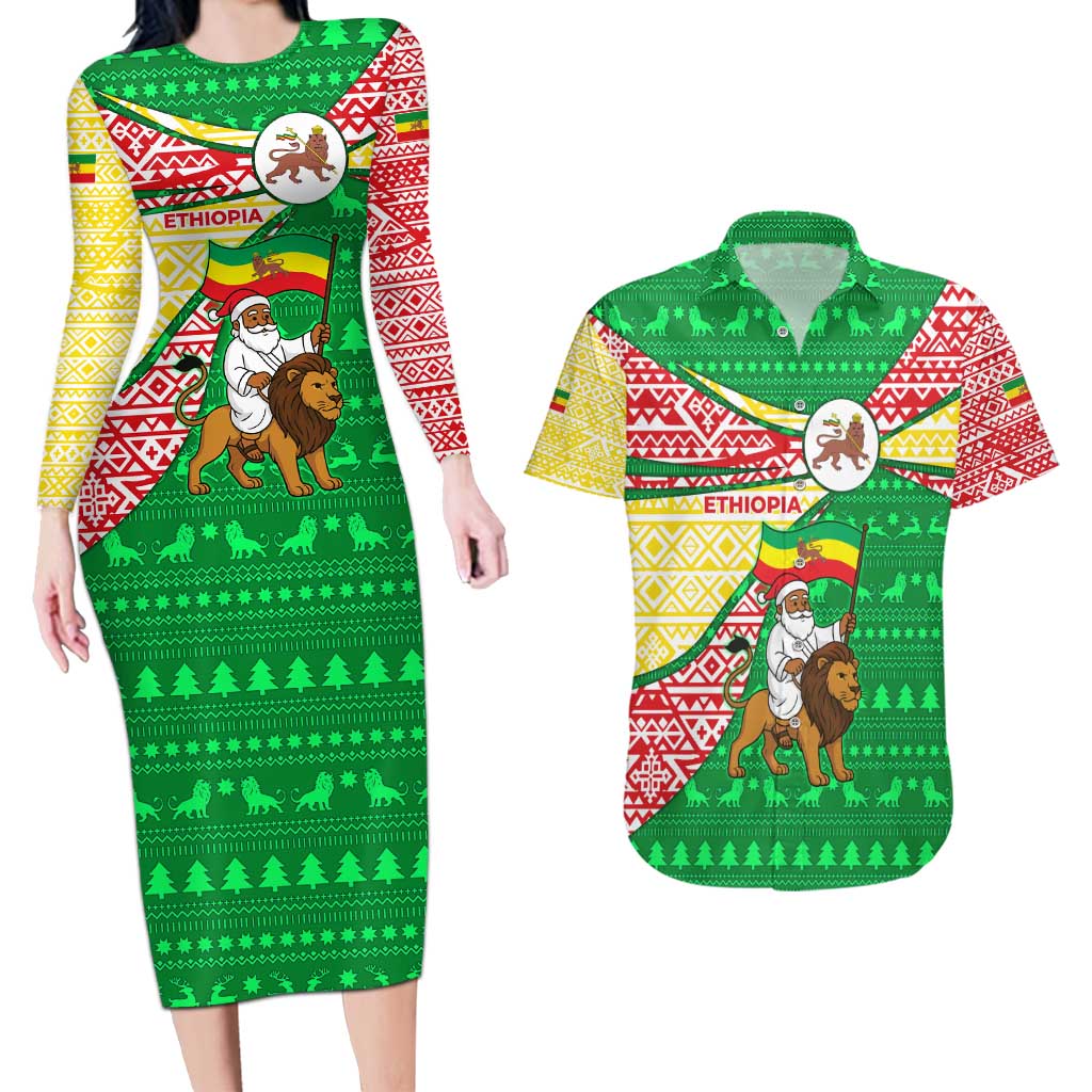 Ethiopia Christmas Couples Matching Long Sleeve Bodycon Dress and Hawaiian Shirt with Santa Riding Lion Ethiopian Flag Colors and Tribal Pattern Design - Wonder Print Shop
