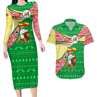 Ethiopia Christmas Couples Matching Long Sleeve Bodycon Dress and Hawaiian Shirt with Santa Riding Lion Ethiopian Flag Colors and Tribal Pattern Design - Wonder Print Shop