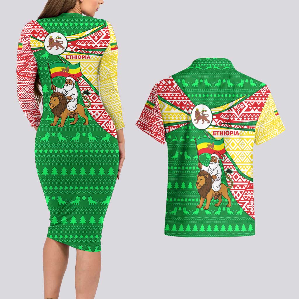 Ethiopia Christmas Couples Matching Long Sleeve Bodycon Dress and Hawaiian Shirt with Santa Riding Lion Ethiopian Flag Colors and Tribal Pattern Design - Wonder Print Shop