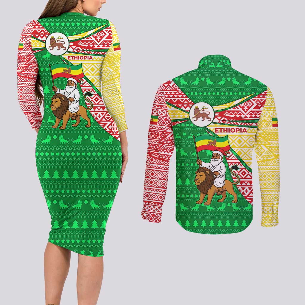 Ethiopia Christmas Couples Matching Long Sleeve Bodycon Dress and Long Sleeve Button Shirt with Santa Riding Lion Ethiopian Flag Colors and Tribal Pattern Design - Wonder Print Shop