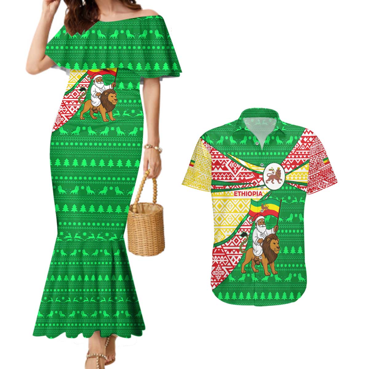 Ethiopia Christmas Couples Matching Mermaid Dress and Hawaiian Shirt with Santa Riding Lion Ethiopian Flag Colors and Tribal Pattern Design - Wonder Print Shop
