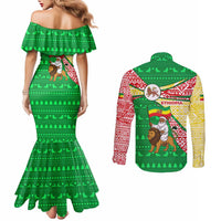 Ethiopia Christmas Couples Matching Mermaid Dress and Long Sleeve Button Shirt with Santa Riding Lion Ethiopian Flag Colors and Tribal Pattern Design - Wonder Print Shop