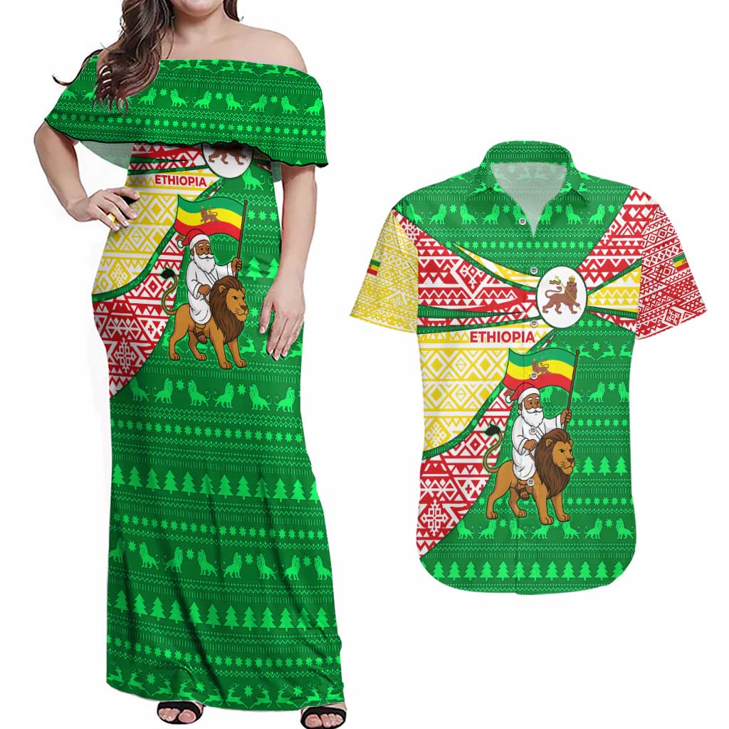 Ethiopia Christmas Couples Matching Off Shoulder Maxi Dress and Hawaiian Shirt with Santa Riding Lion Ethiopian Flag Colors and Tribal Pattern Design - Wonder Print Shop