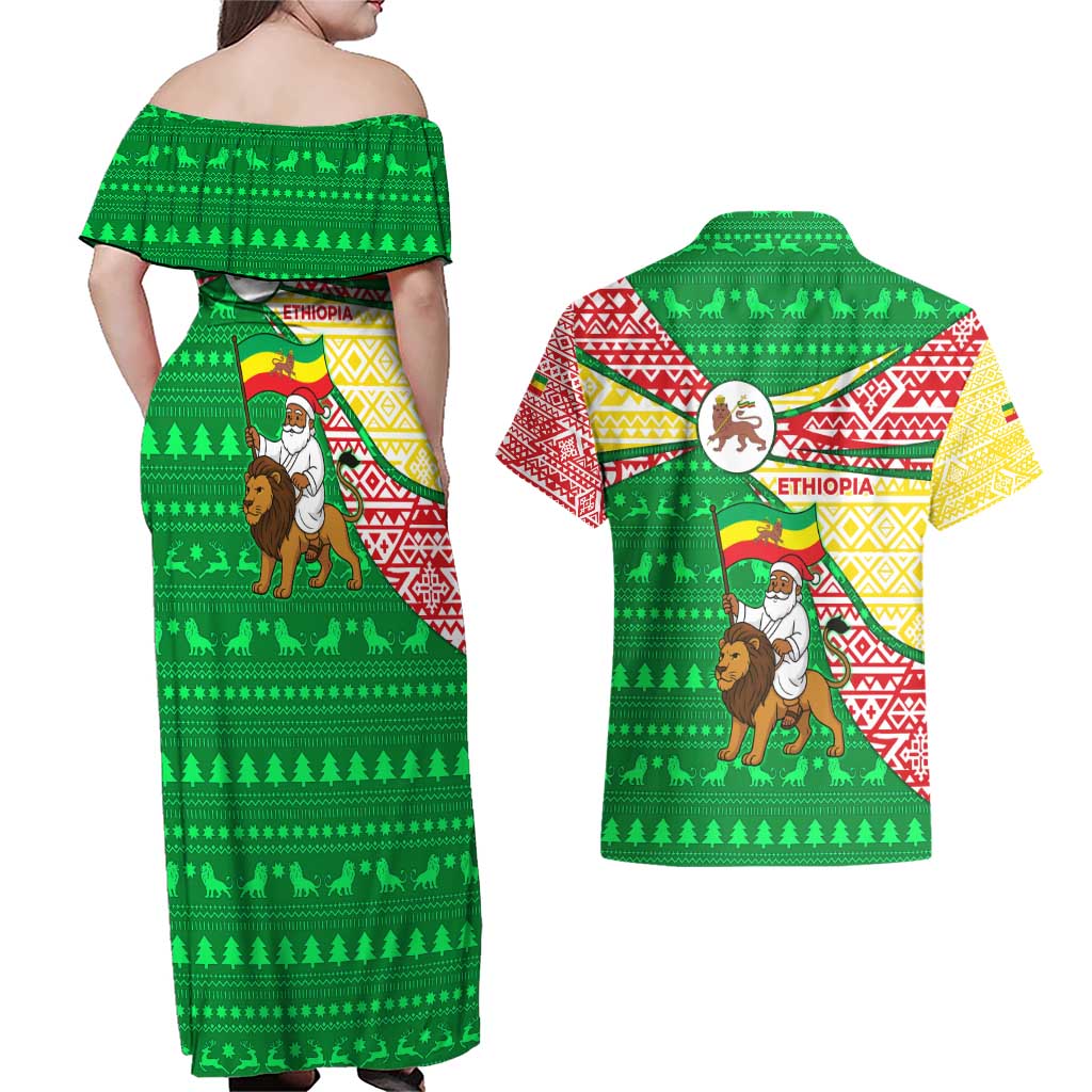 Ethiopia Christmas Couples Matching Off Shoulder Maxi Dress and Hawaiian Shirt with Santa Riding Lion Ethiopian Flag Colors and Tribal Pattern Design - Wonder Print Shop