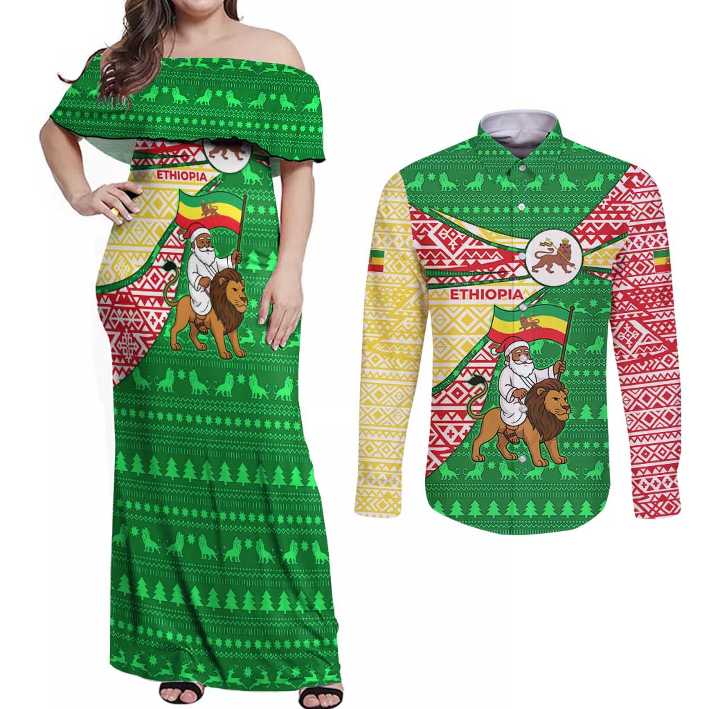 Ethiopia Christmas Couples Matching Off Shoulder Maxi Dress and Long Sleeve Button Shirt with Santa Riding Lion Ethiopian Flag Colors and Tribal Pattern Design - Wonder Print Shop