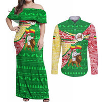 Ethiopia Christmas Couples Matching Off Shoulder Maxi Dress and Long Sleeve Button Shirt with Santa Riding Lion Ethiopian Flag Colors and Tribal Pattern Design - Wonder Print Shop