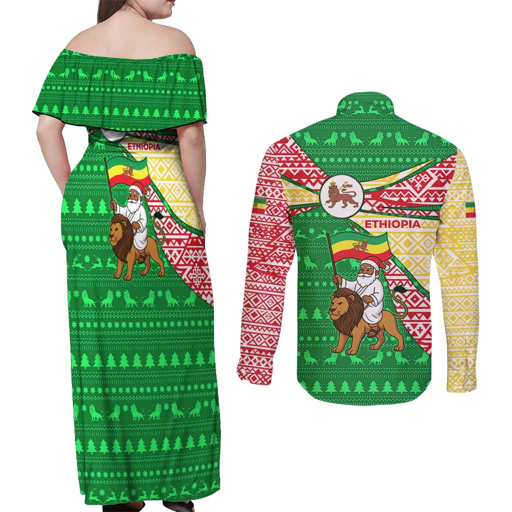 Ethiopia Christmas Couples Matching Off Shoulder Maxi Dress and Long Sleeve Button Shirt with Santa Riding Lion Ethiopian Flag Colors and Tribal Pattern Design - Wonder Print Shop