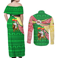 Ethiopia Christmas Couples Matching Off Shoulder Maxi Dress and Long Sleeve Button Shirt with Santa Riding Lion Ethiopian Flag Colors and Tribal Pattern Design - Wonder Print Shop