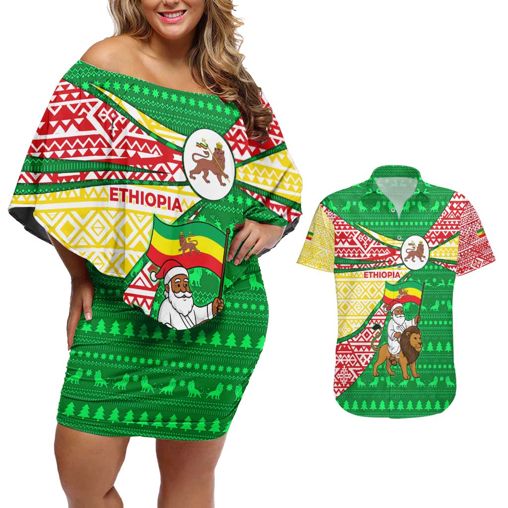 Ethiopia Christmas Couples Matching Off Shoulder Short Dress and Hawaiian Shirt with Santa Riding Lion Ethiopian Flag Colors and Tribal Pattern Design - Wonder Print Shop