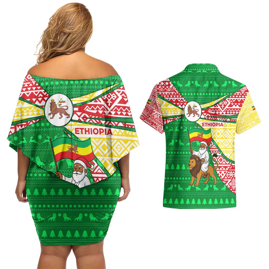 Ethiopia Christmas Couples Matching Off Shoulder Short Dress and Hawaiian Shirt with Santa Riding Lion Ethiopian Flag Colors and Tribal Pattern Design - Wonder Print Shop