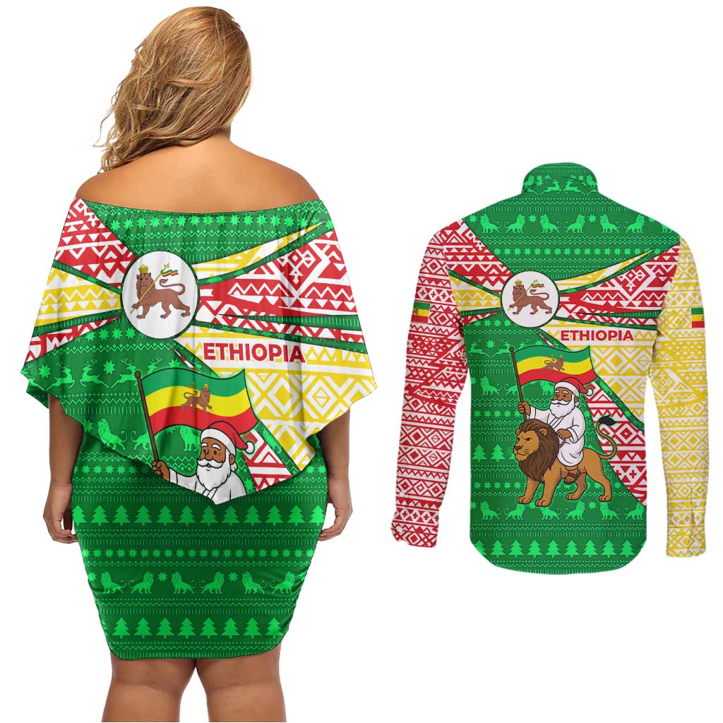 Ethiopia Christmas Couples Matching Off Shoulder Short Dress and Long Sleeve Button Shirt with Santa Riding Lion Ethiopian Flag Colors and Tribal Pattern Design - Wonder Print Shop