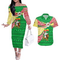 Ethiopia Christmas Couples Matching Off The Shoulder Long Sleeve Dress and Hawaiian Shirt with Santa Riding Lion Ethiopian Flag Colors and Tribal Pattern Design - Wonder Print Shop