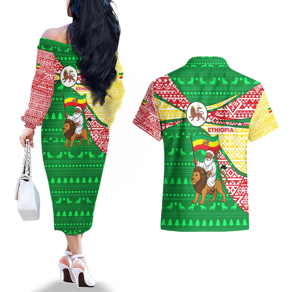 Ethiopia Christmas Couples Matching Off The Shoulder Long Sleeve Dress and Hawaiian Shirt with Santa Riding Lion Ethiopian Flag Colors and Tribal Pattern Design - Wonder Print Shop