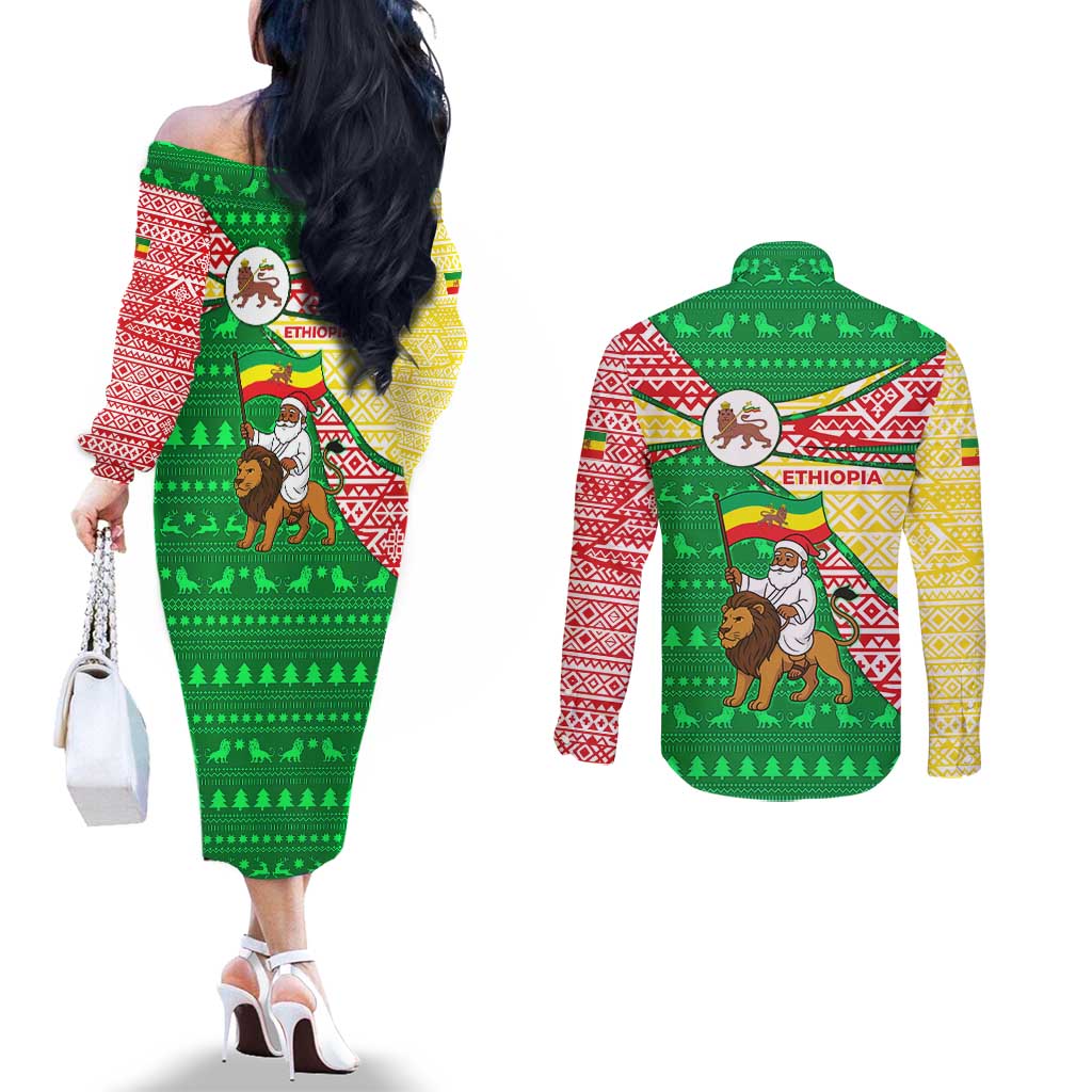Ethiopia Christmas Couples Matching Off The Shoulder Long Sleeve Dress and Long Sleeve Button Shirt with Santa Riding Lion Ethiopian Flag Colors and Tribal Pattern Design - Wonder Print Shop