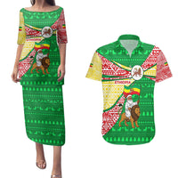 Ethiopia Christmas Couples Matching Puletasi and Hawaiian Shirt with Santa Riding Lion Ethiopian Flag Colors and Tribal Pattern Design - Wonder Print Shop