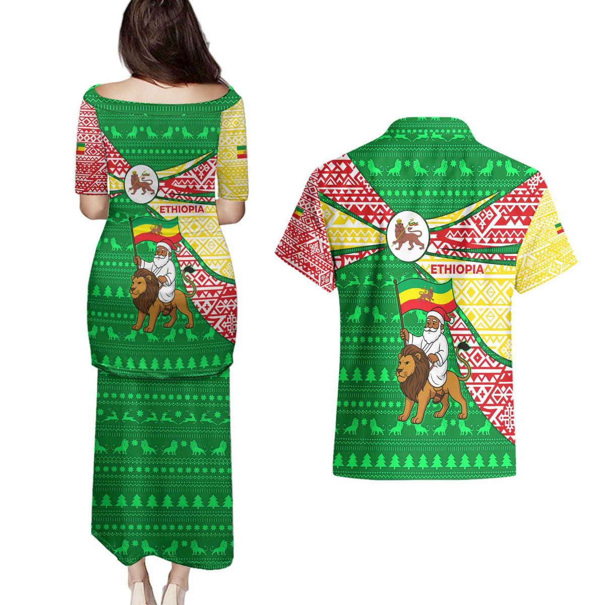 Ethiopia Christmas Couples Matching Puletasi and Hawaiian Shirt with Santa Riding Lion Ethiopian Flag Colors and Tribal Pattern Design - Wonder Print Shop