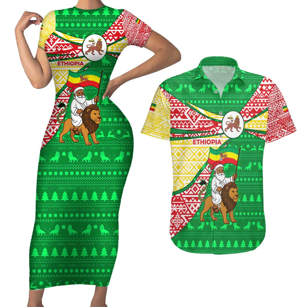 Ethiopia Christmas Couples Matching Short Sleeve Bodycon Dress and Hawaiian Shirt with Santa Riding Lion Ethiopian Flag Colors and Tribal Pattern Design - Wonder Print Shop