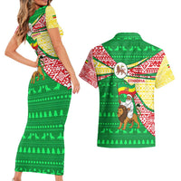 Ethiopia Christmas Couples Matching Short Sleeve Bodycon Dress and Hawaiian Shirt with Santa Riding Lion Ethiopian Flag Colors and Tribal Pattern Design - Wonder Print Shop