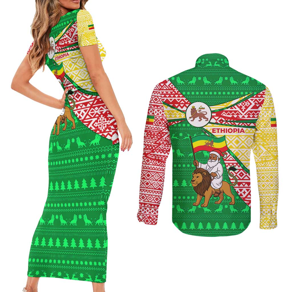 Ethiopia Christmas Couples Matching Short Sleeve Bodycon Dress and Long Sleeve Button Shirt with Santa Riding Lion Ethiopian Flag Colors and Tribal Pattern Design - Wonder Print Shop