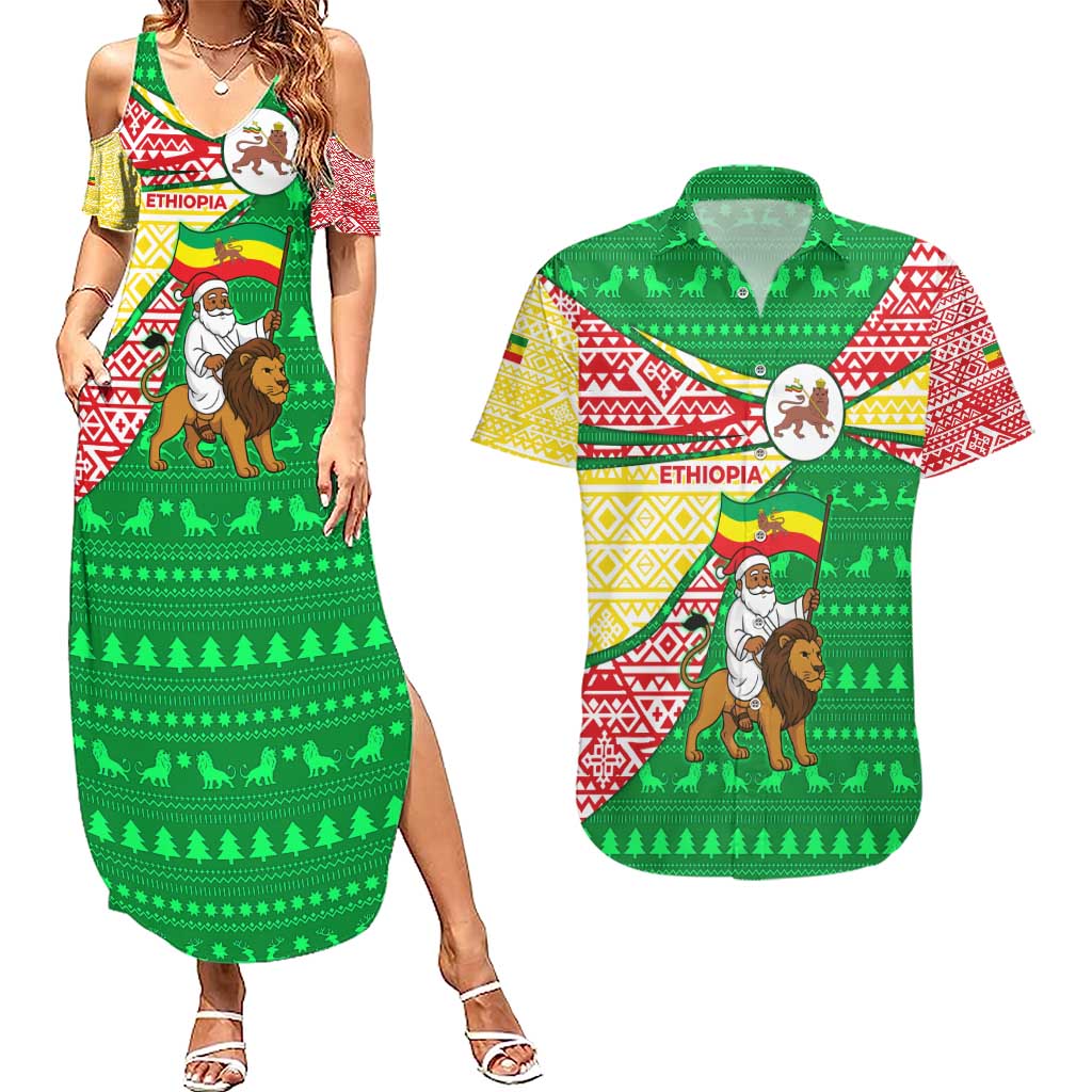 Ethiopia Christmas Couples Matching Summer Maxi Dress and Hawaiian Shirt with Santa Riding Lion Ethiopian Flag Colors and Tribal Pattern Design - Wonder Print Shop