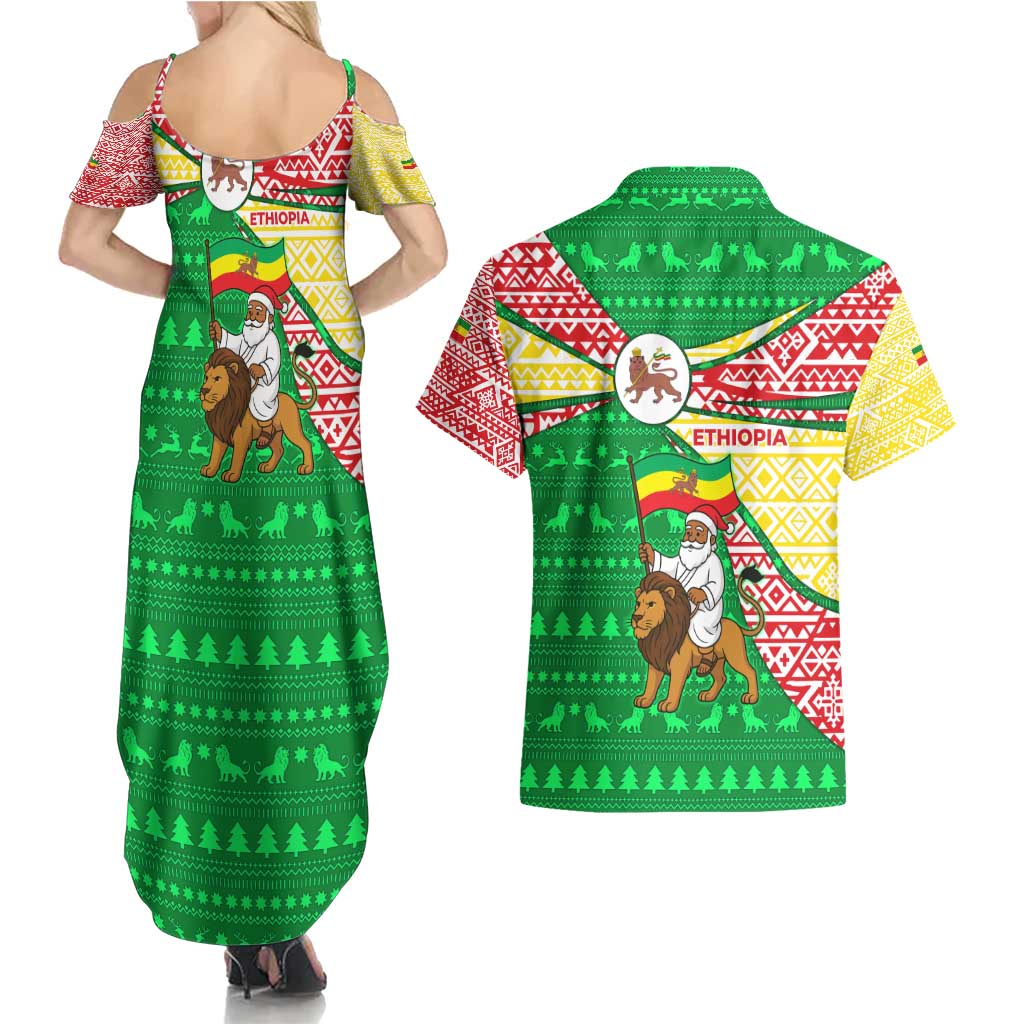 Ethiopia Christmas Couples Matching Summer Maxi Dress and Hawaiian Shirt with Santa Riding Lion Ethiopian Flag Colors and Tribal Pattern Design - Wonder Print Shop