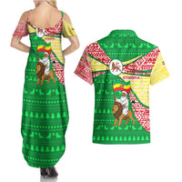 Ethiopia Christmas Couples Matching Summer Maxi Dress and Hawaiian Shirt with Santa Riding Lion Ethiopian Flag Colors and Tribal Pattern Design - Wonder Print Shop