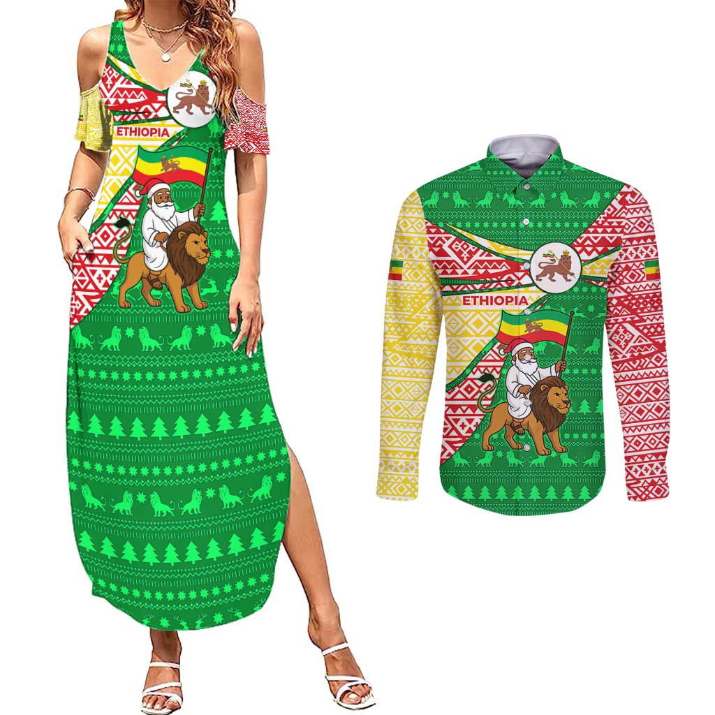Ethiopia Christmas Couples Matching Summer Maxi Dress and Long Sleeve Button Shirt with Santa Riding Lion Ethiopian Flag Colors and Tribal Pattern Design - Wonder Print Shop