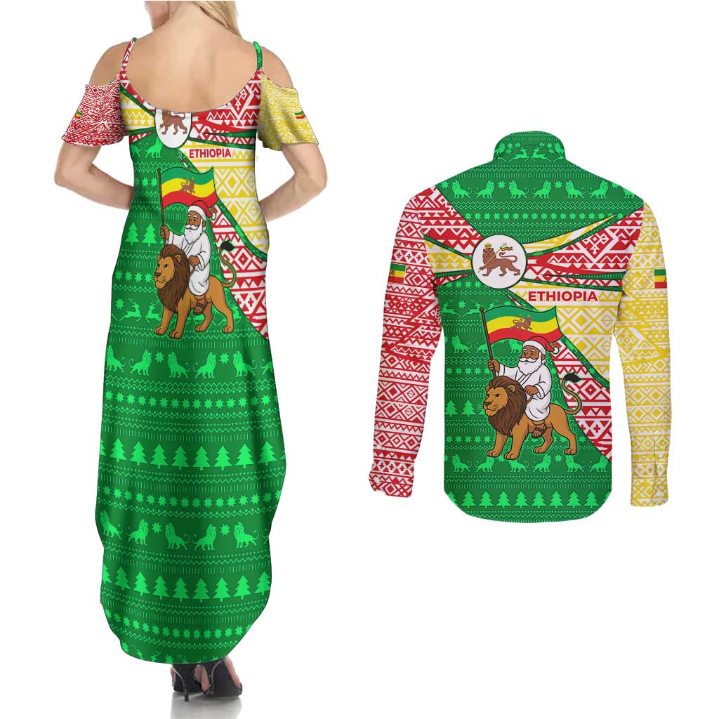 Ethiopia Christmas Couples Matching Summer Maxi Dress and Long Sleeve Button Shirt with Santa Riding Lion Ethiopian Flag Colors and Tribal Pattern Design - Wonder Print Shop