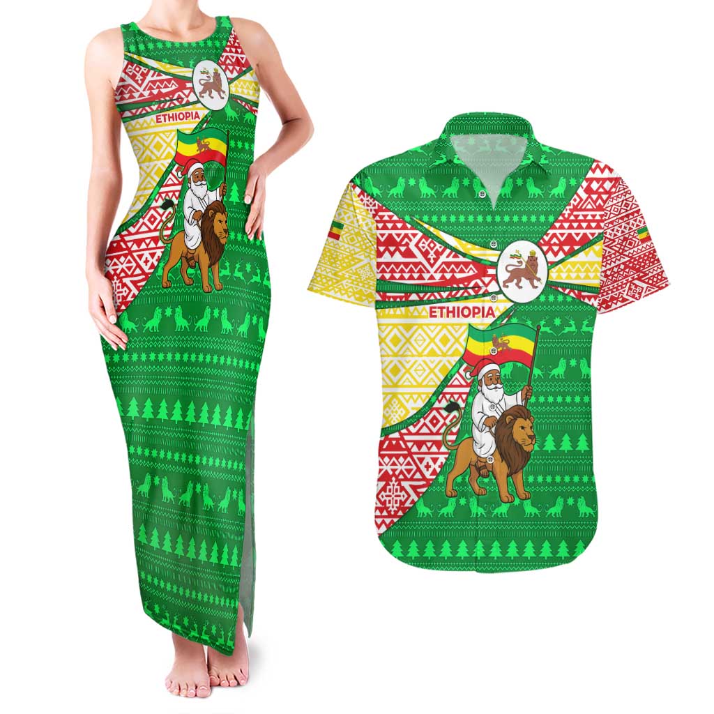Ethiopia Christmas Couples Matching Tank Maxi Dress and Hawaiian Shirt with Santa Riding Lion Ethiopian Flag Colors and Tribal Pattern Design - Wonder Print Shop