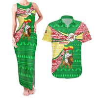 Ethiopia Christmas Couples Matching Tank Maxi Dress and Hawaiian Shirt with Santa Riding Lion Ethiopian Flag Colors and Tribal Pattern Design - Wonder Print Shop