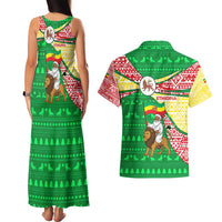 Ethiopia Christmas Couples Matching Tank Maxi Dress and Hawaiian Shirt with Santa Riding Lion Ethiopian Flag Colors and Tribal Pattern Design - Wonder Print Shop