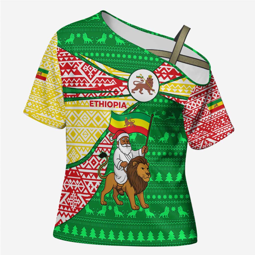 Ethiopia Christmas Cross Shoulder Shirt with Santa Riding Lion Ethiopian Flag Colors and Tribal Pattern Design - Wonder Print Shop