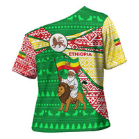 Ethiopia Christmas Cross Shoulder Shirt with Santa Riding Lion Ethiopian Flag Colors and Tribal Pattern Design - Wonder Print Shop