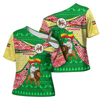Ethiopia Christmas Cross Shoulder Shirt with Santa Riding Lion Ethiopian Flag Colors and Tribal Pattern Design - Wonder Print Shop