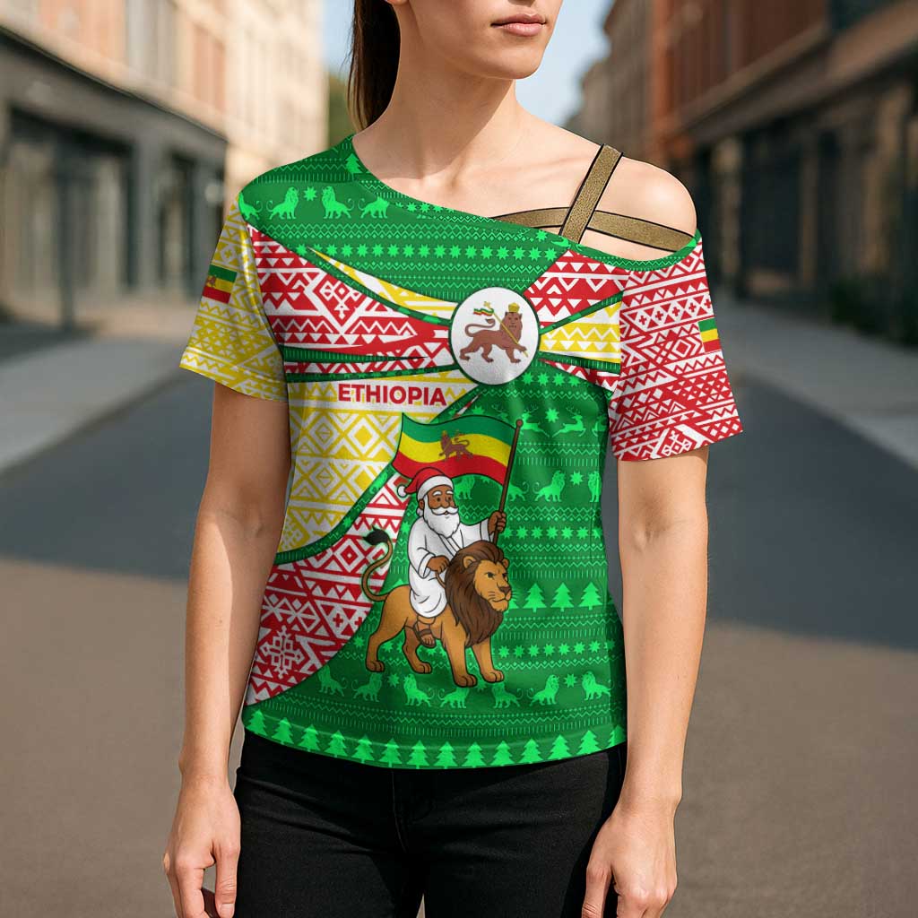 Ethiopia Christmas Cross Shoulder Shirt with Santa Riding Lion Ethiopian Flag Colors and Tribal Pattern Design - Wonder Print Shop