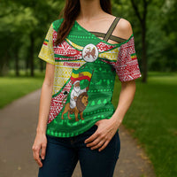 Ethiopia Christmas Cross Shoulder Shirt with Santa Riding Lion Ethiopian Flag Colors and Tribal Pattern Design - Wonder Print Shop