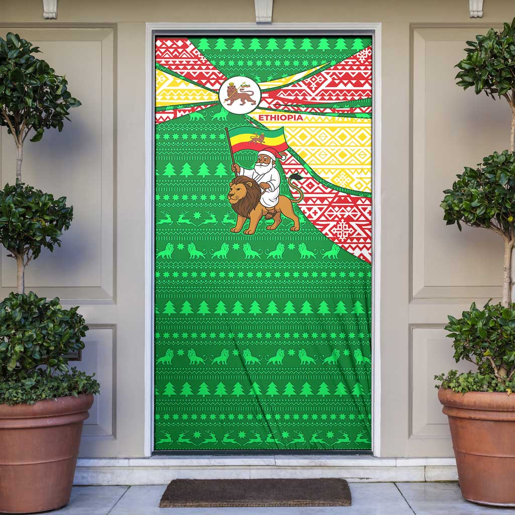 Ethiopia Christmas Door Cover with Santa Riding Lion Ethiopian Flag Colors and Tribal Pattern Design - Wonder Print Shop